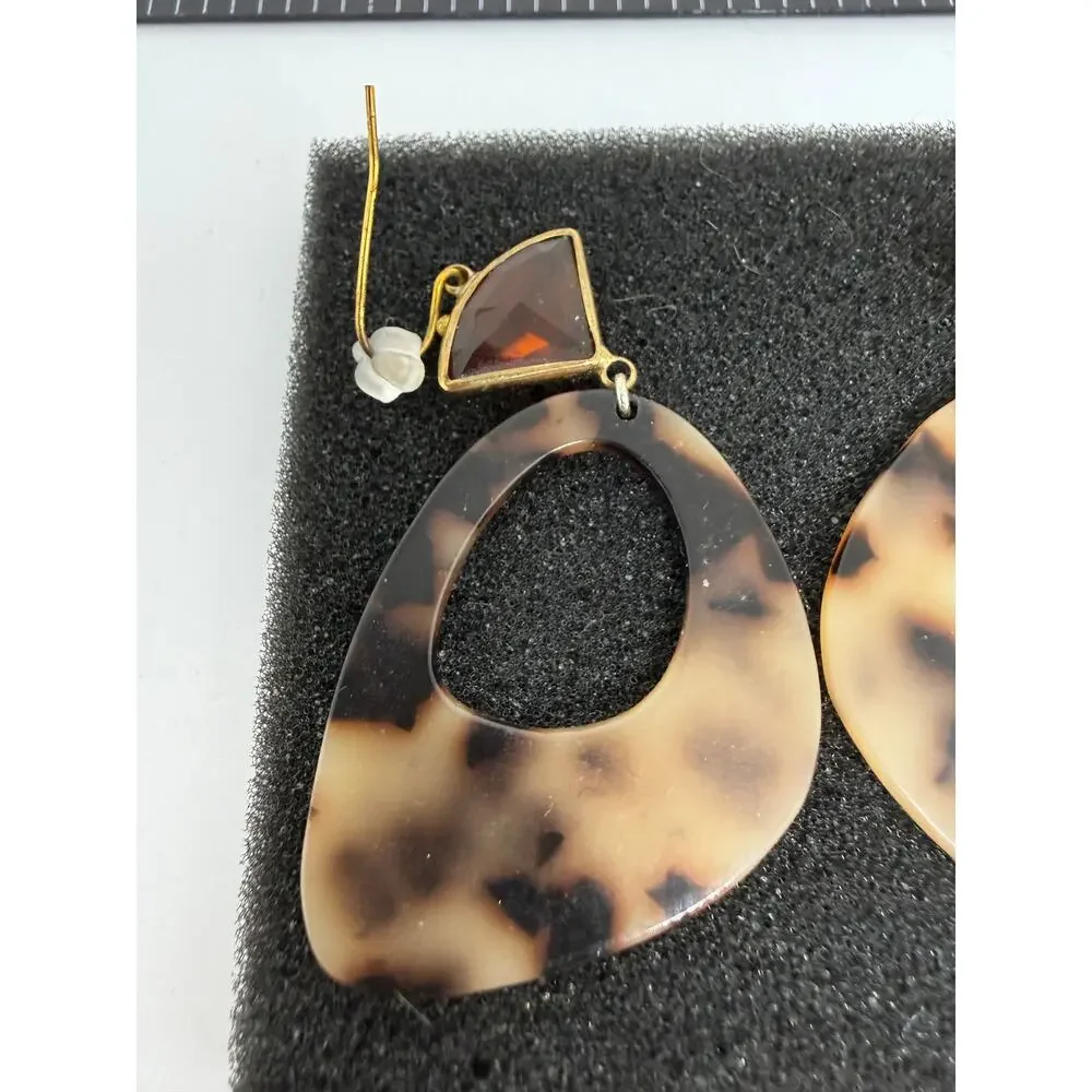 Tortoise Shell Amber Resin Dangle Earrings Geometric Statement Goldtone Boho Mod